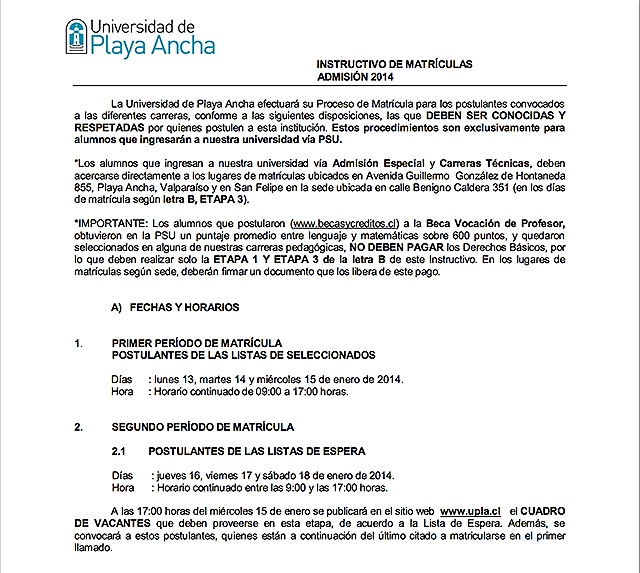 Revisa los detalles del proceso de admisión 2014 de la UPLA en el siguiente documento