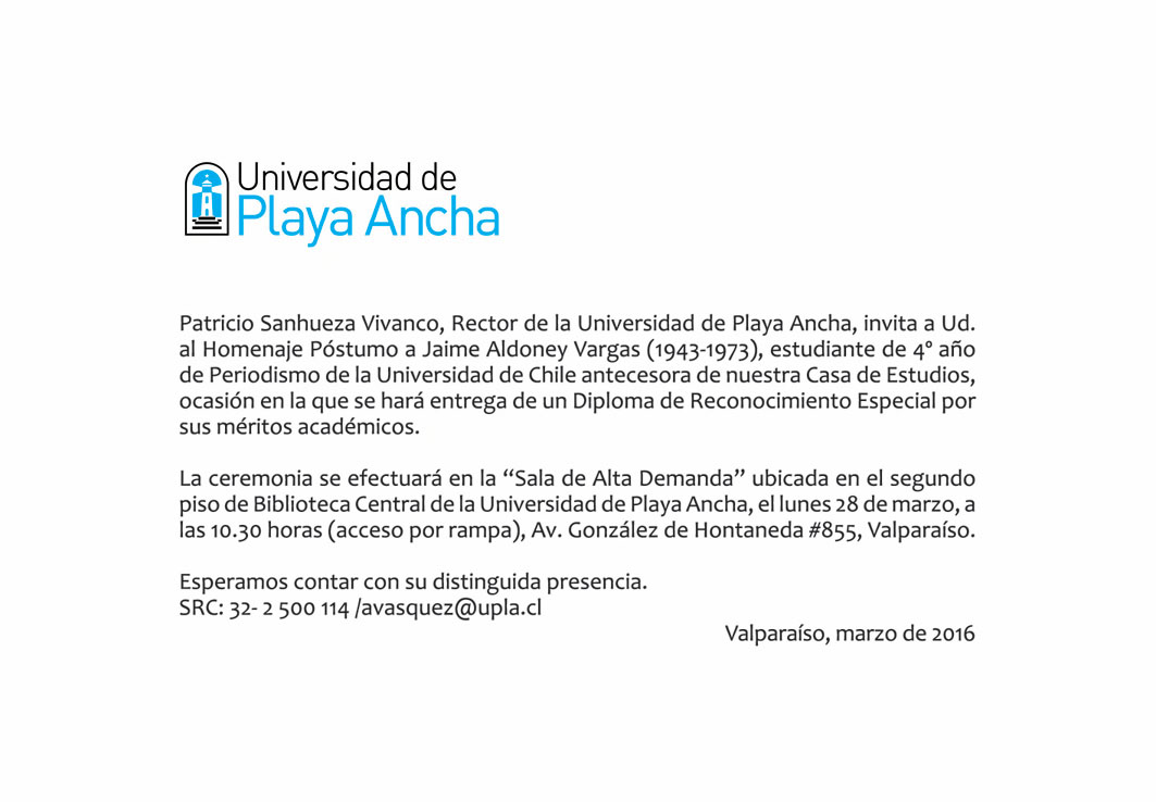 INVITACION HOMENAJE PÓSTUMO A JAIME ALDONEY VARGAS