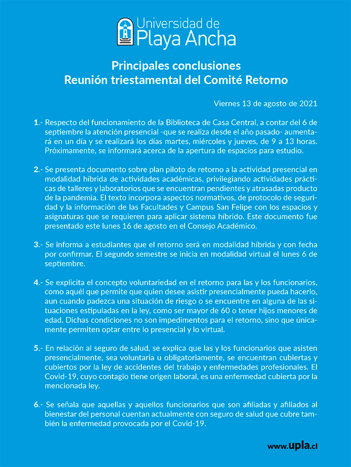 Comité de Retorno UPLA informa: reunión del viernes 13 de agosto de 2021