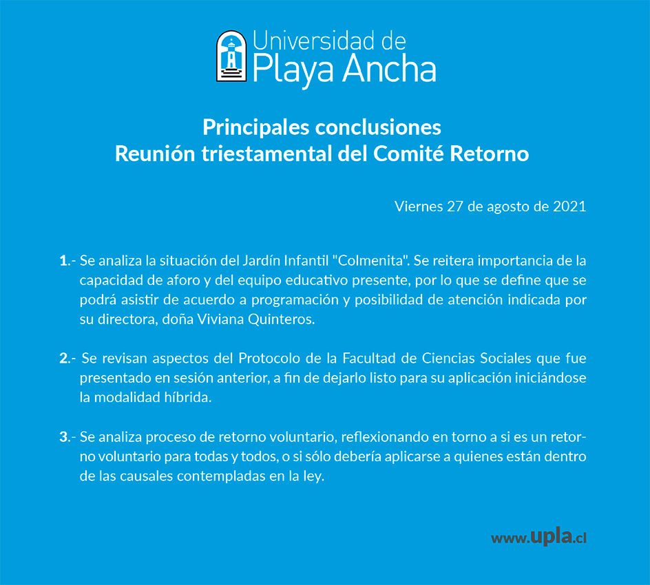 Conclusiones del Comité de Retorno UPLA del 27 de agosto de 2021