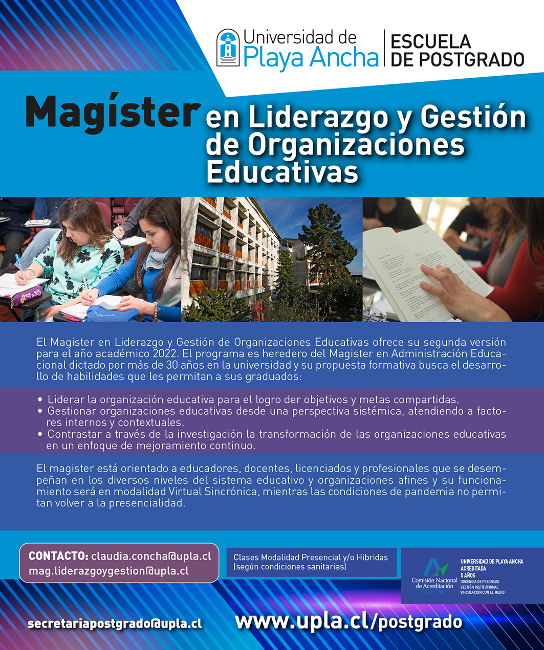 Magíster en Liderazgo y Gestión de Organizaciones Educativas UPLA